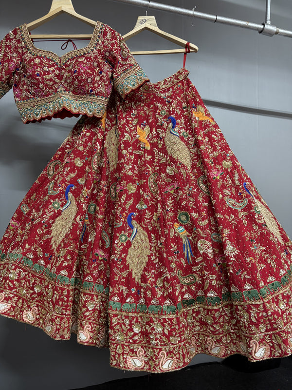 Rajkumari Red Peacock Hand Embroidered Bridal Lehenga