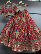 Rajkumari Red Peacock Hand Embroidered Bridal Lehenga