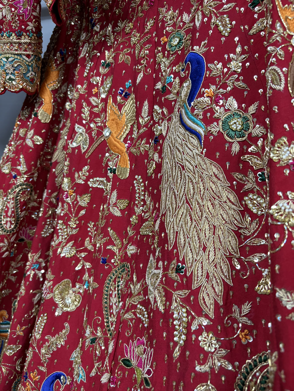 Rajkumari Red Peacock Hand Embroidered Bridal Lehenga
