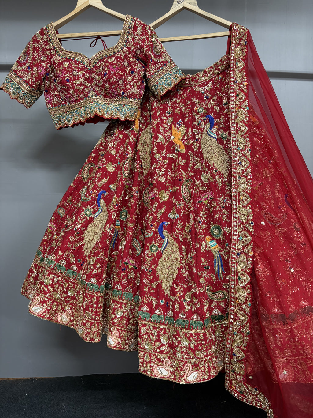 Rajkumari Red Peacock Hand Embroidered Bridal Lehenga