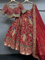 Rajkumari Red Peacock Hand Embroidered Bridal Lehenga