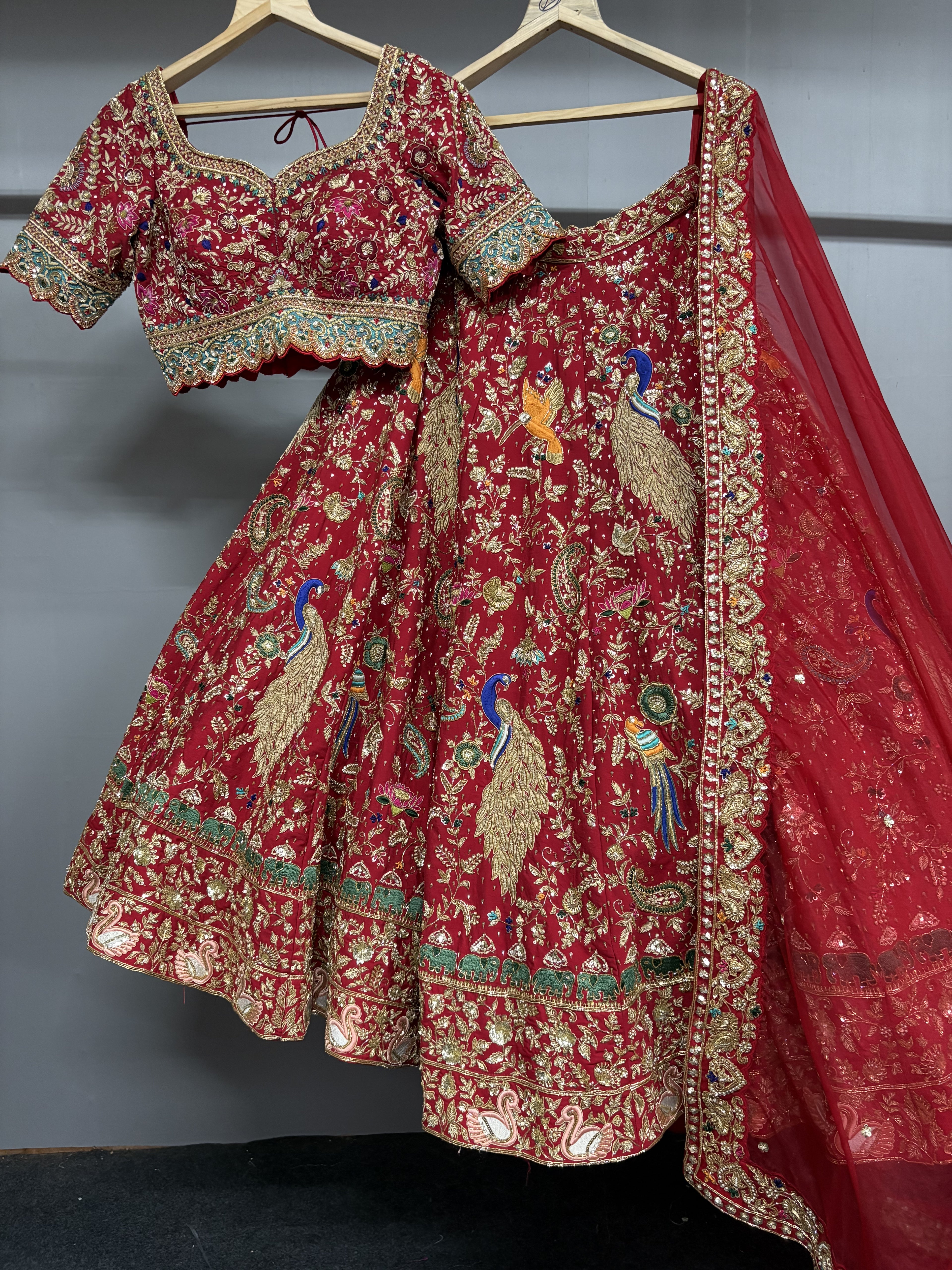 Rajkumari Red Peacock Hand Embroidered Bridal Lehenga