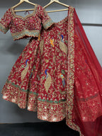 Rajkumari Red Peacock Hand Embroidered Bridal Lehenga