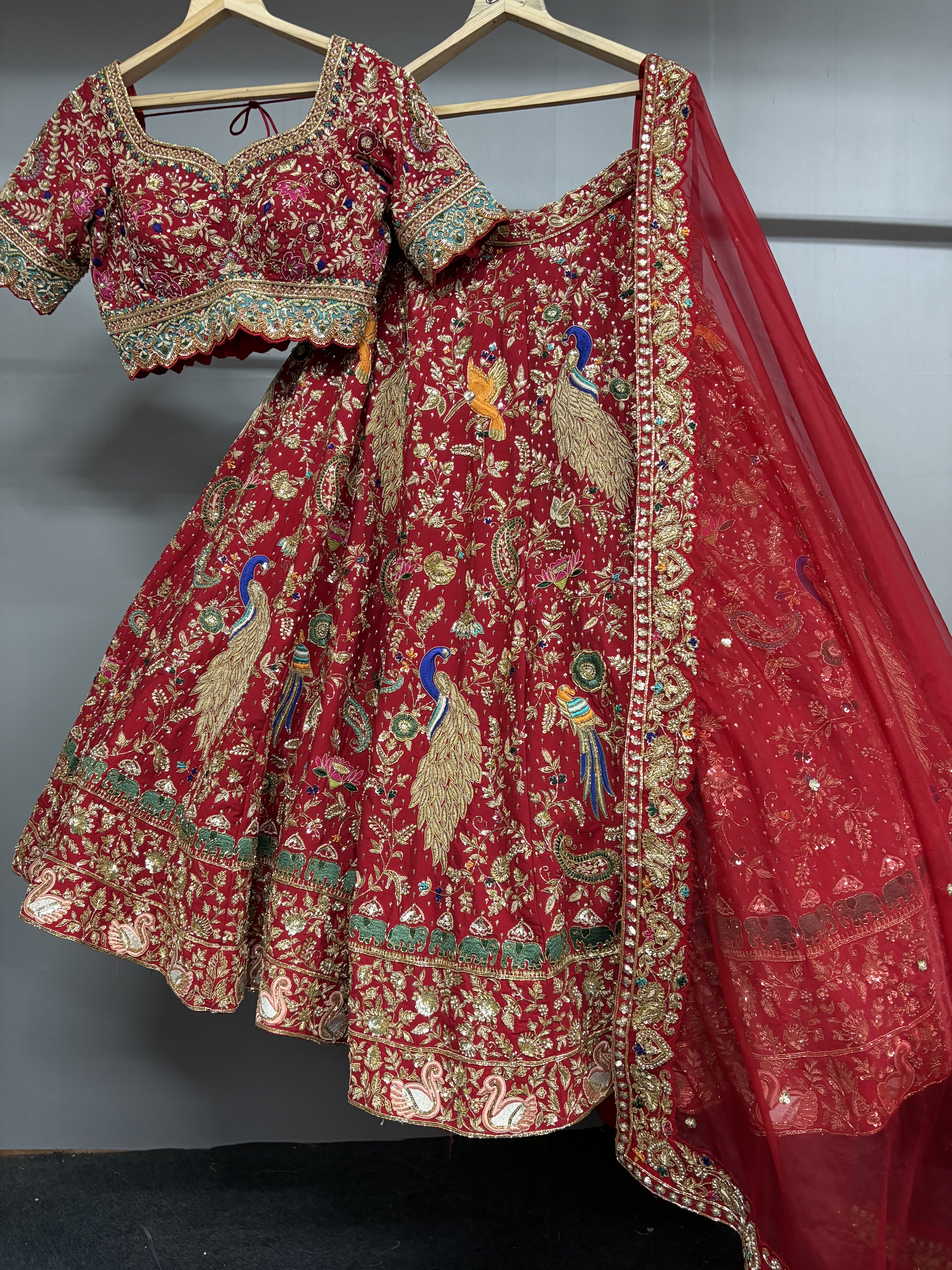 Rajkumari Red Peacock Hand Embroidered Bridal Lehenga