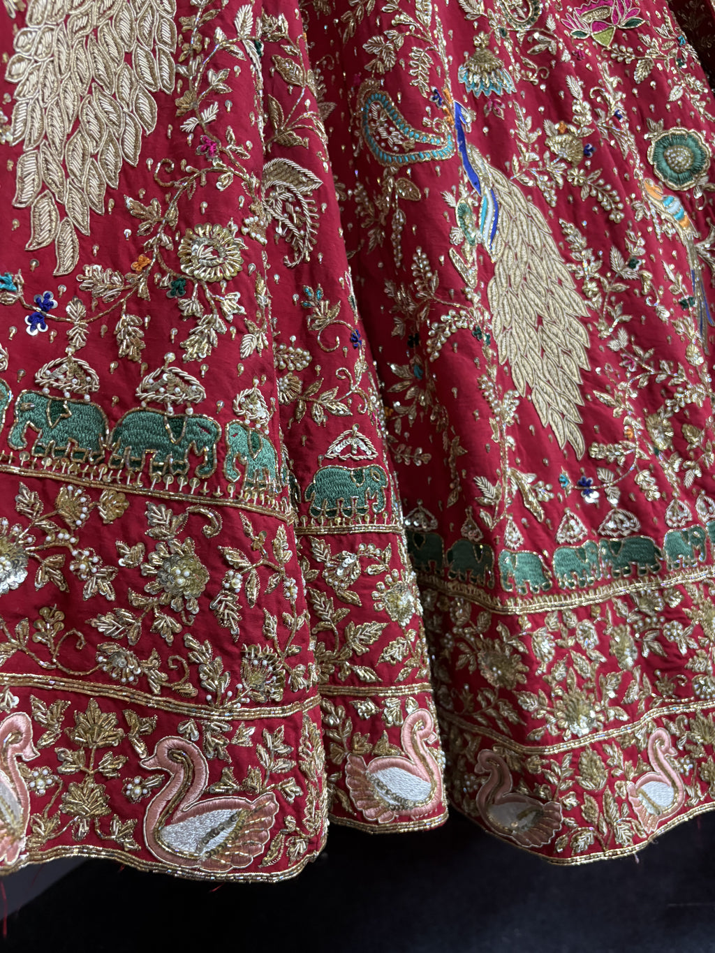 Rajkumari Red Peacock Hand Embroidered Bridal Lehenga