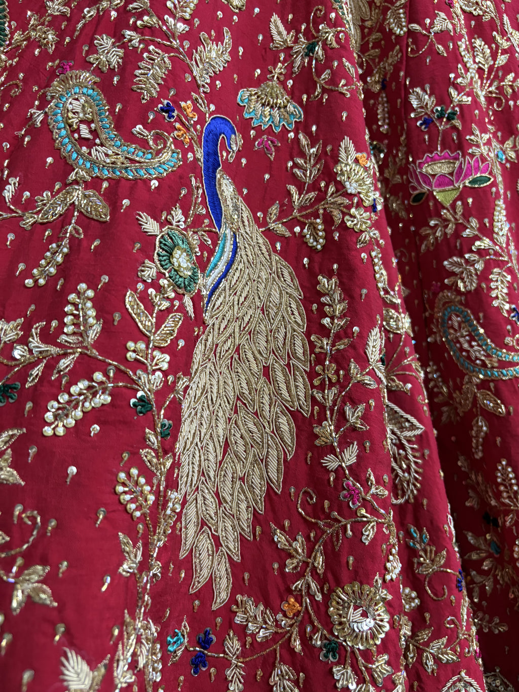 Rajkumari Red Peacock Hand Embroidered Bridal Lehenga