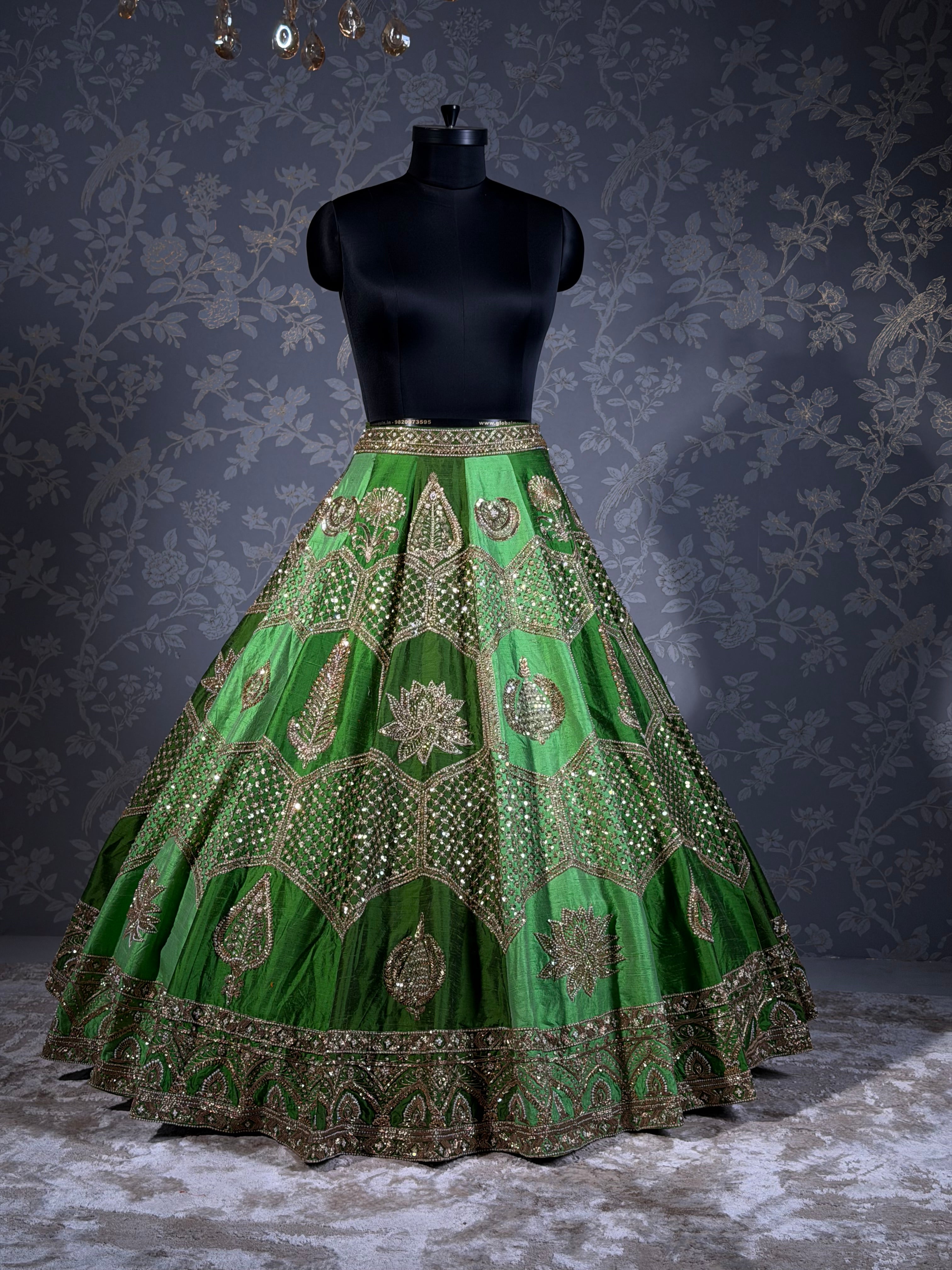Meher Emerald Green Zardozi & Mirror Work Lehenga Set