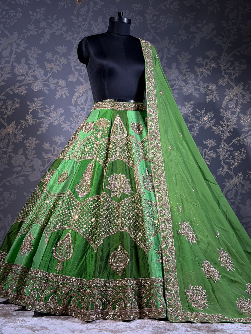 Meher Emerald Green Zardozi & Mirror Work Lehenga Set
