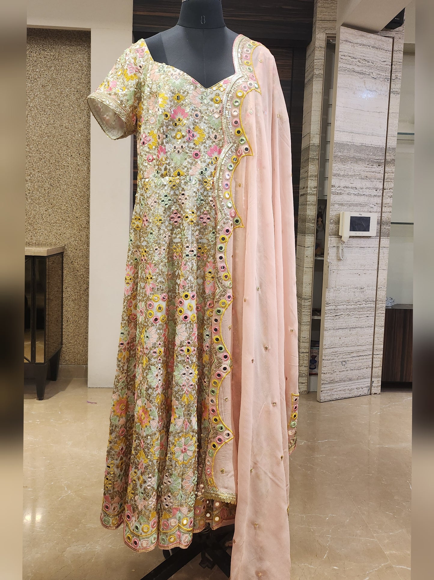 Ivory and Light Pink Anarkali Set