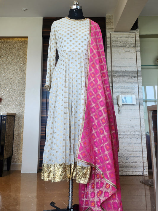 White and Hot Pink Anarkali