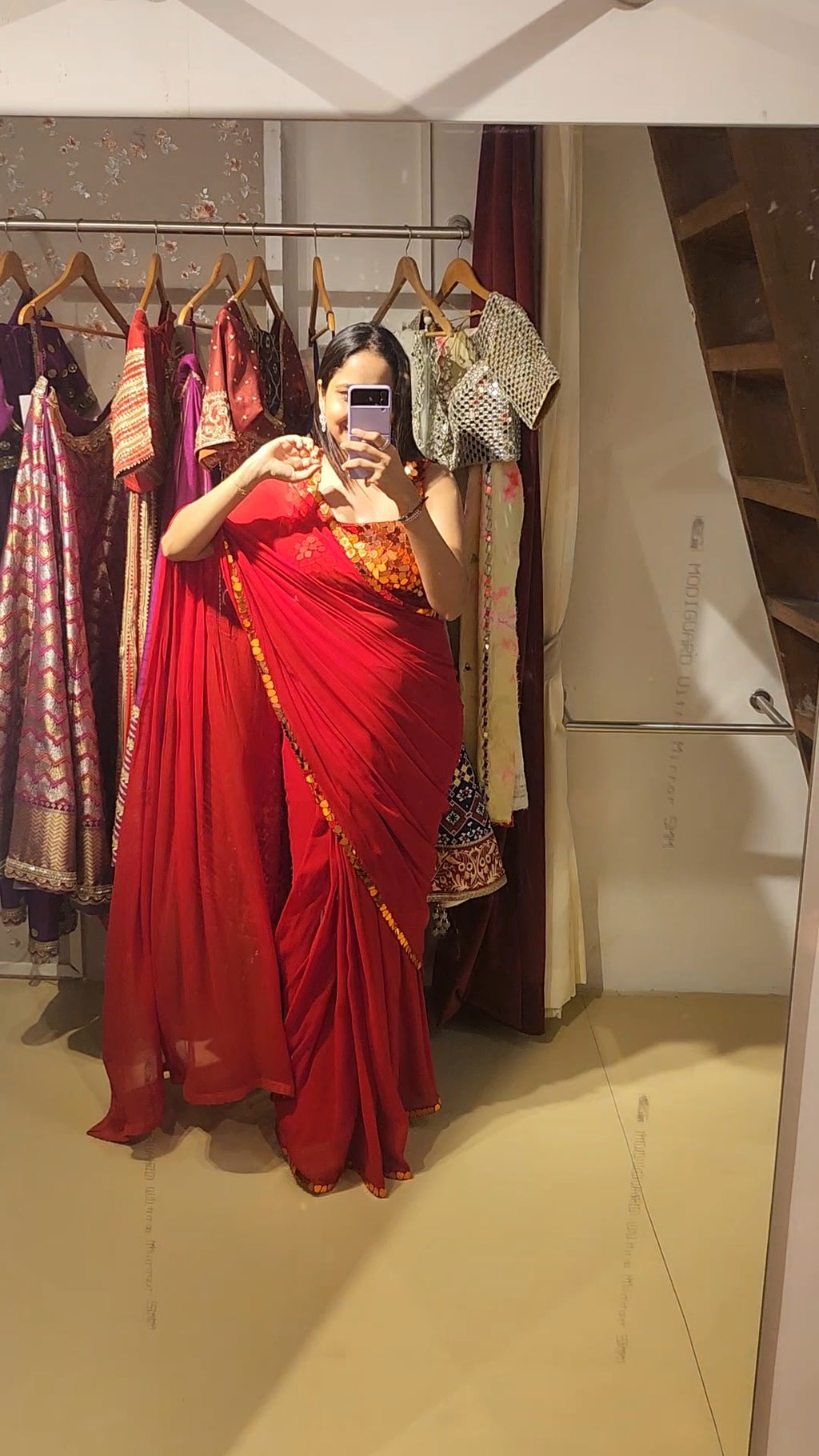 Red Mirror Pre-Stitched Saree