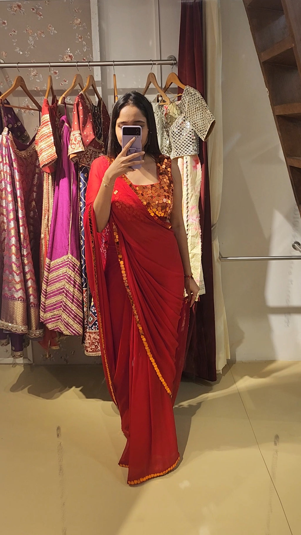 Red Mirror Pre-Stitched Saree