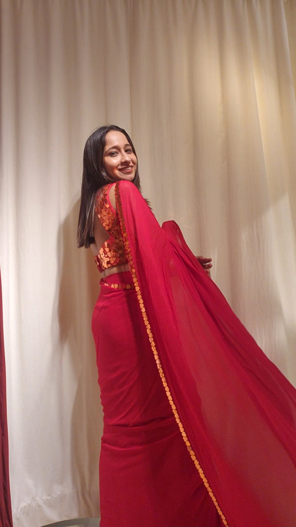 Red Mirror Pre-Stitched Saree