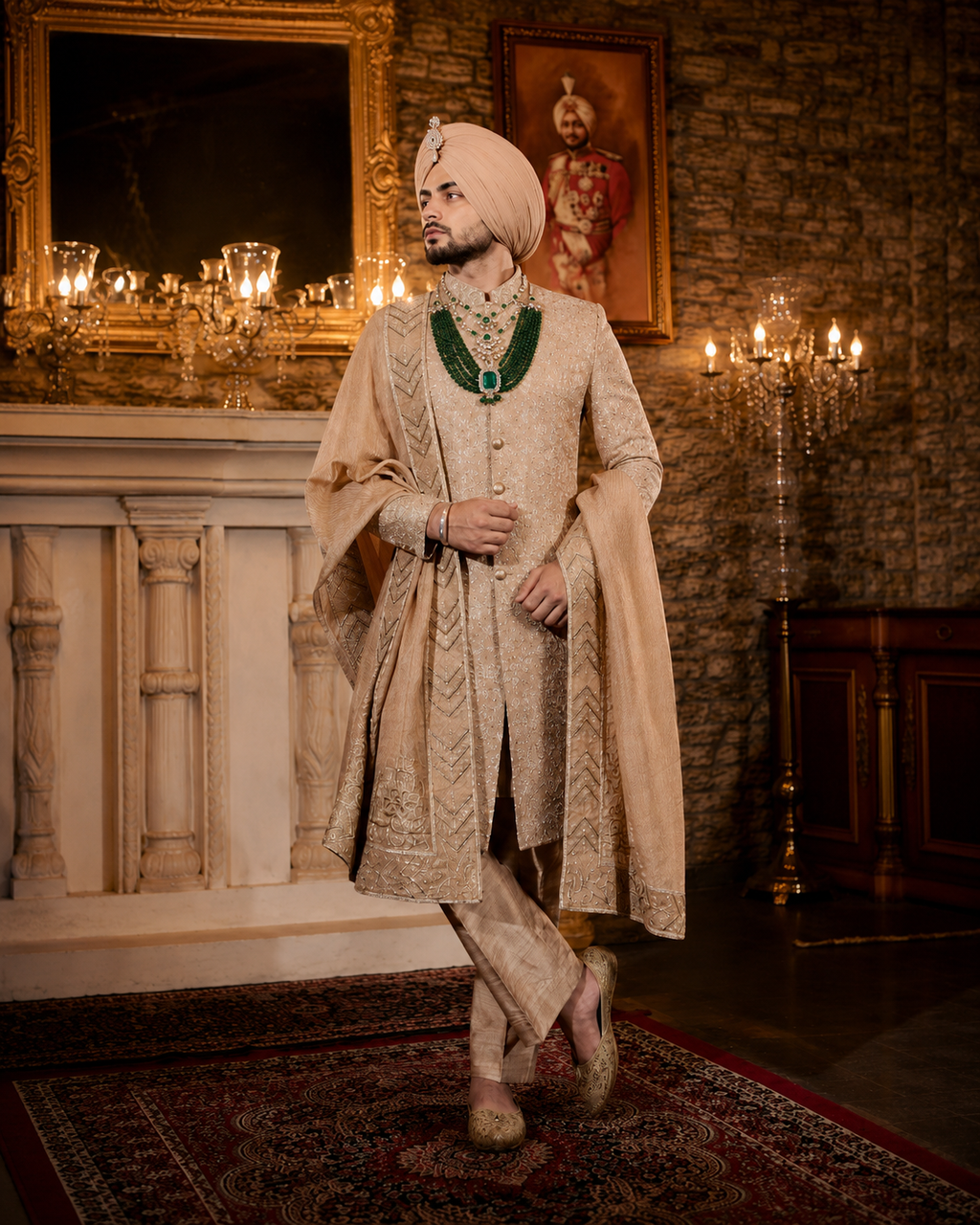 Abeer Champagne Gold Embroidered Groom Sherwani Set