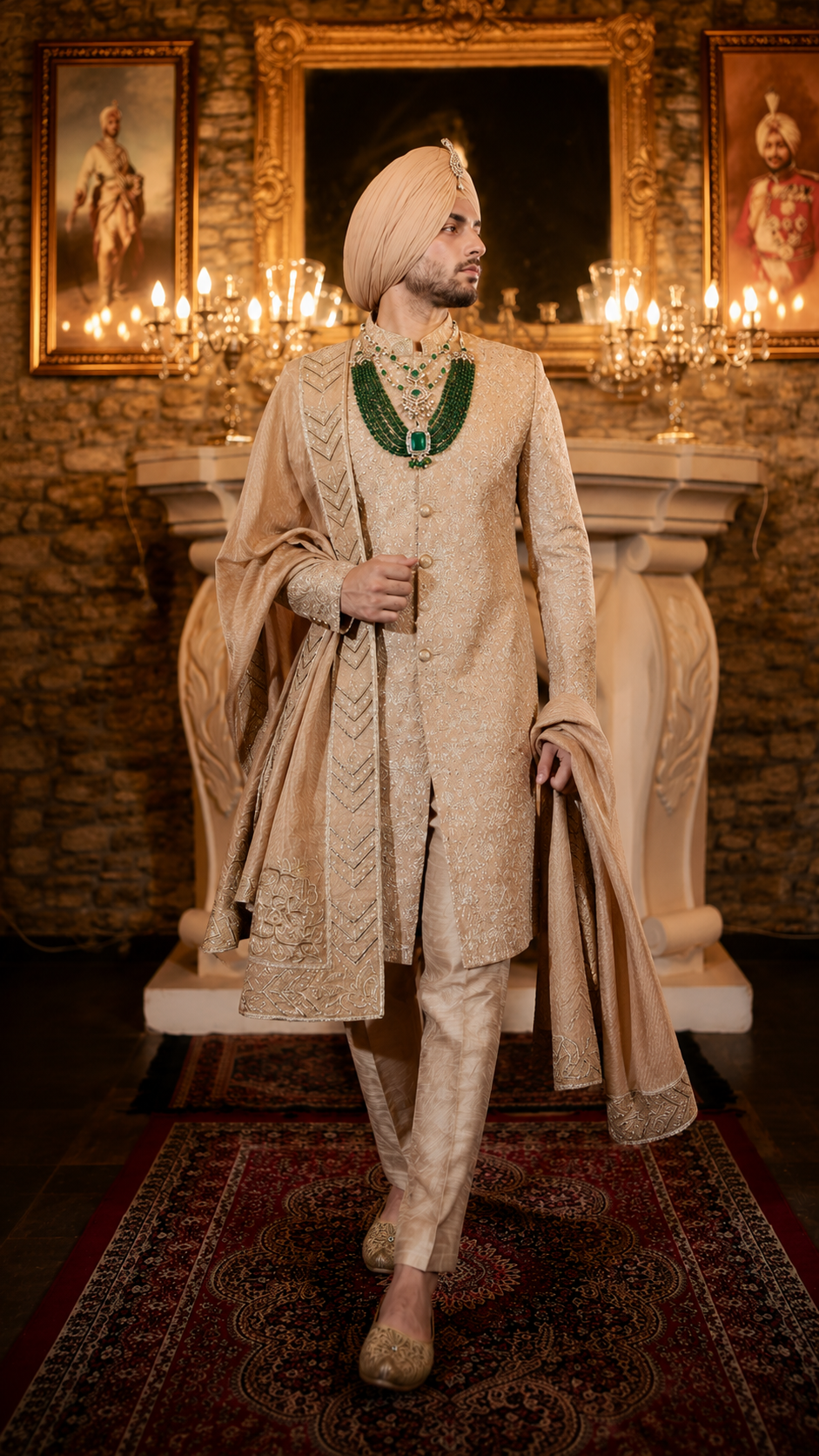 Abeer Champagne Gold Embroidered Groom Sherwani Set