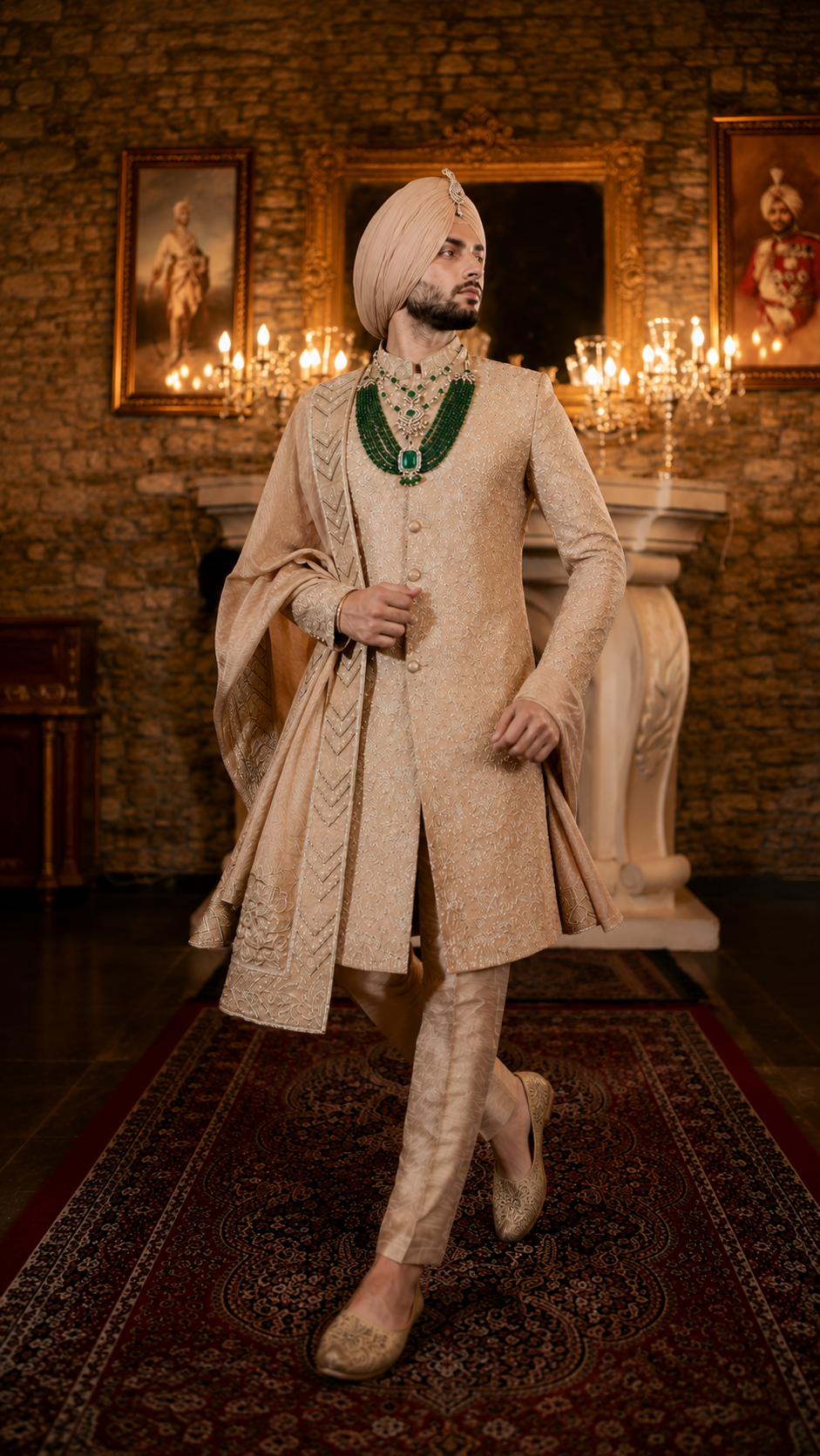 Abeer Champagne Gold Embroidered Groom Sherwani Set