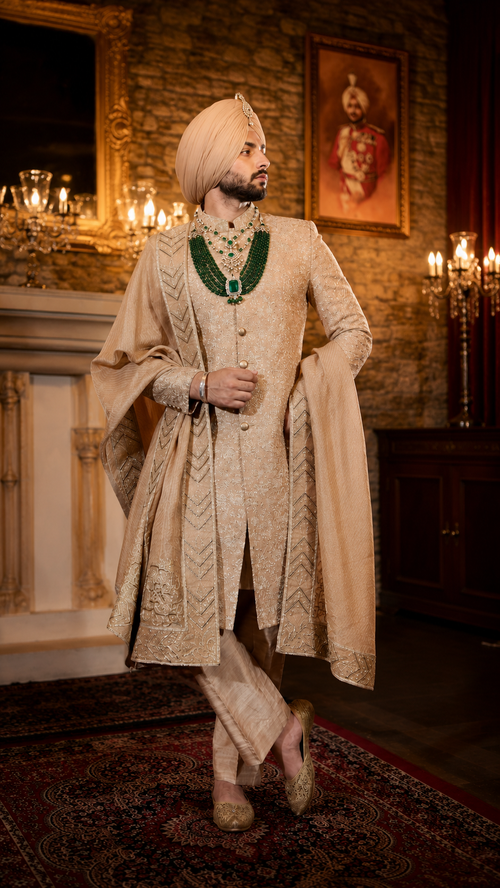 Abeer Champagne Gold Embroidered Groom Sherwani Set