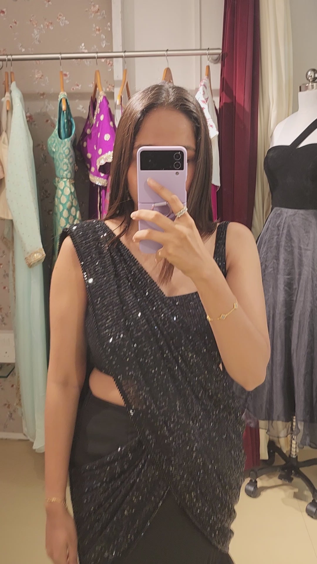 Pre-Stitch Black Sequins Saree