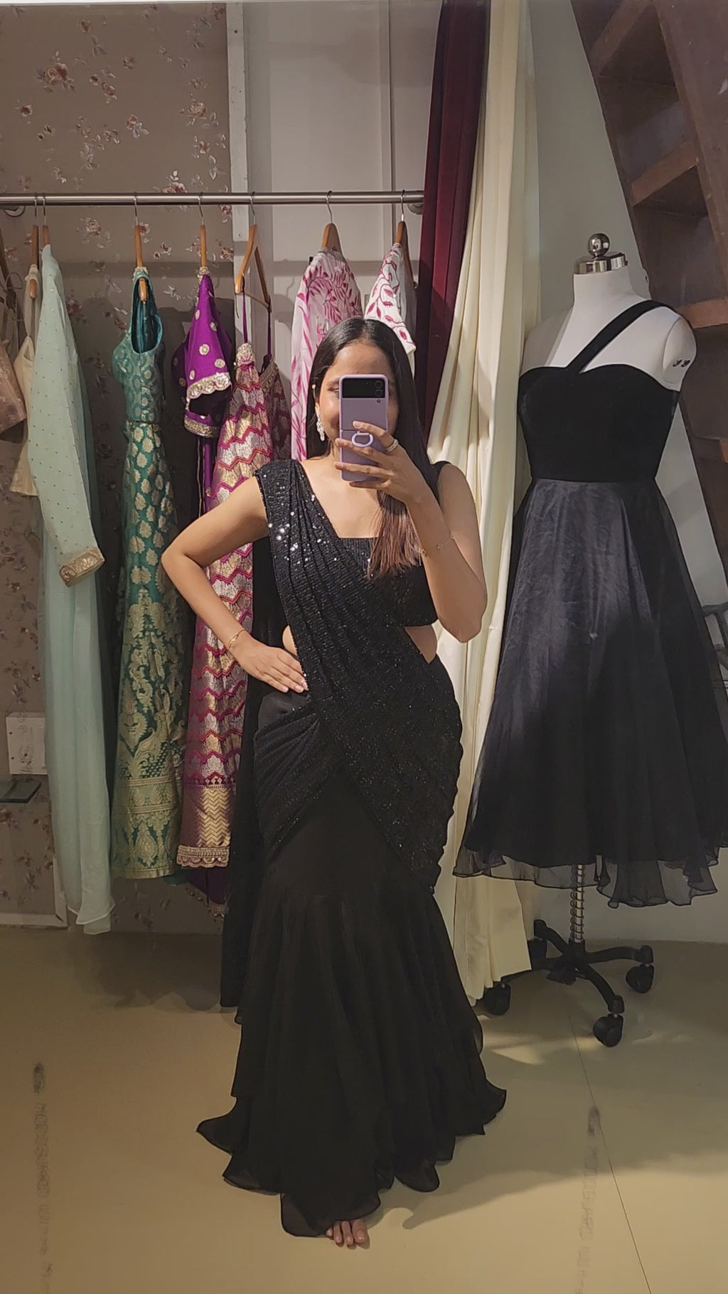 Pre-Stitch Black Sequins Saree